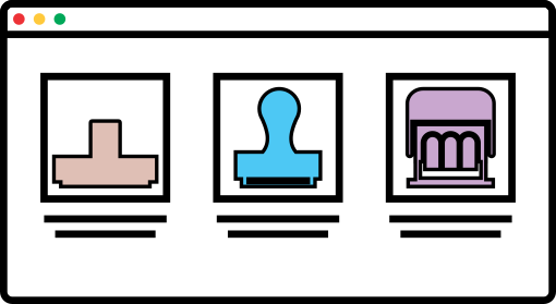drawing of computer screen with 3 stamp product images displayed horizontally