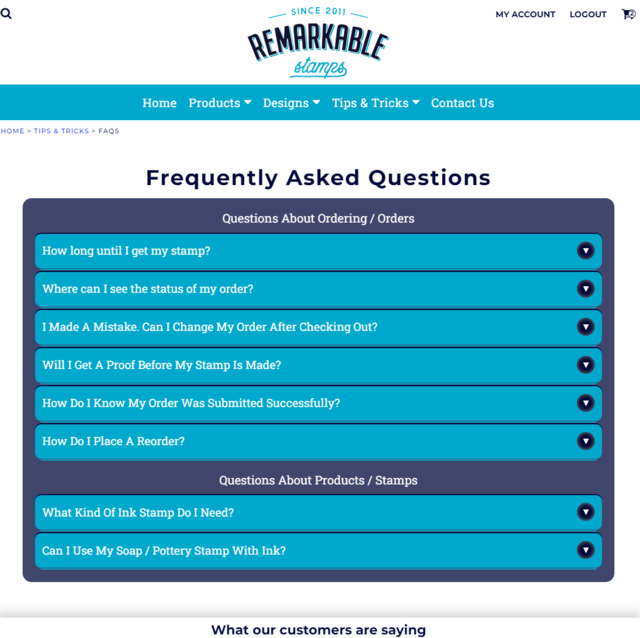 screenshot of Remarkable Stamps website FAQ page